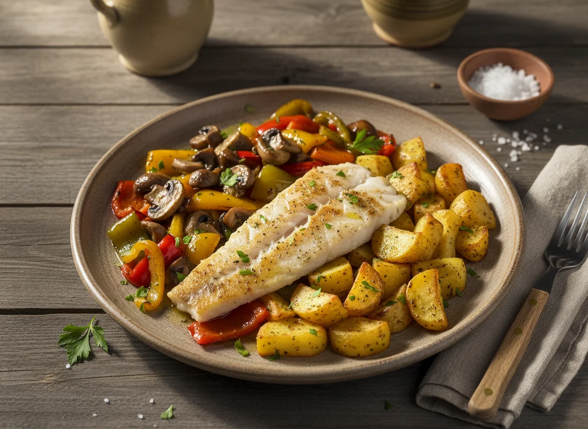 Pescado con vegetales y papas al air fryer photo