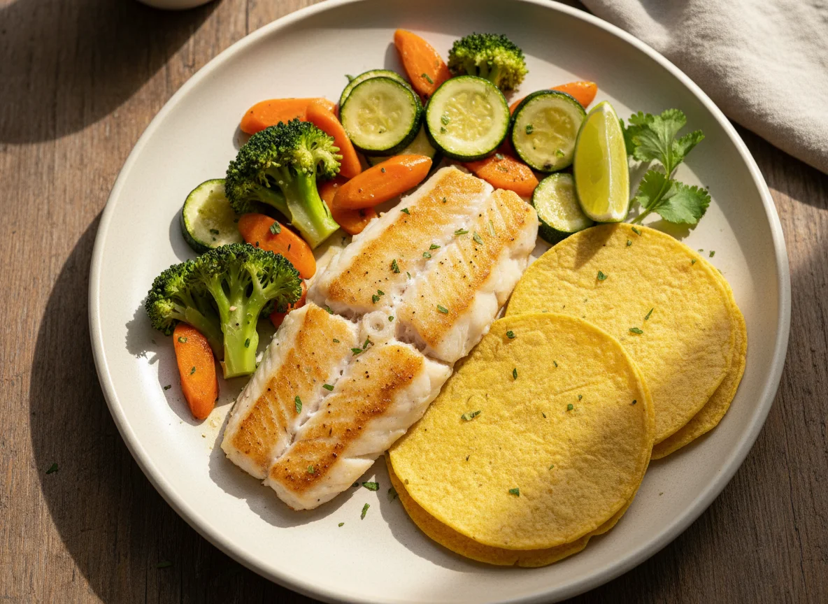 Pescado con vegetales y tortilla photo
