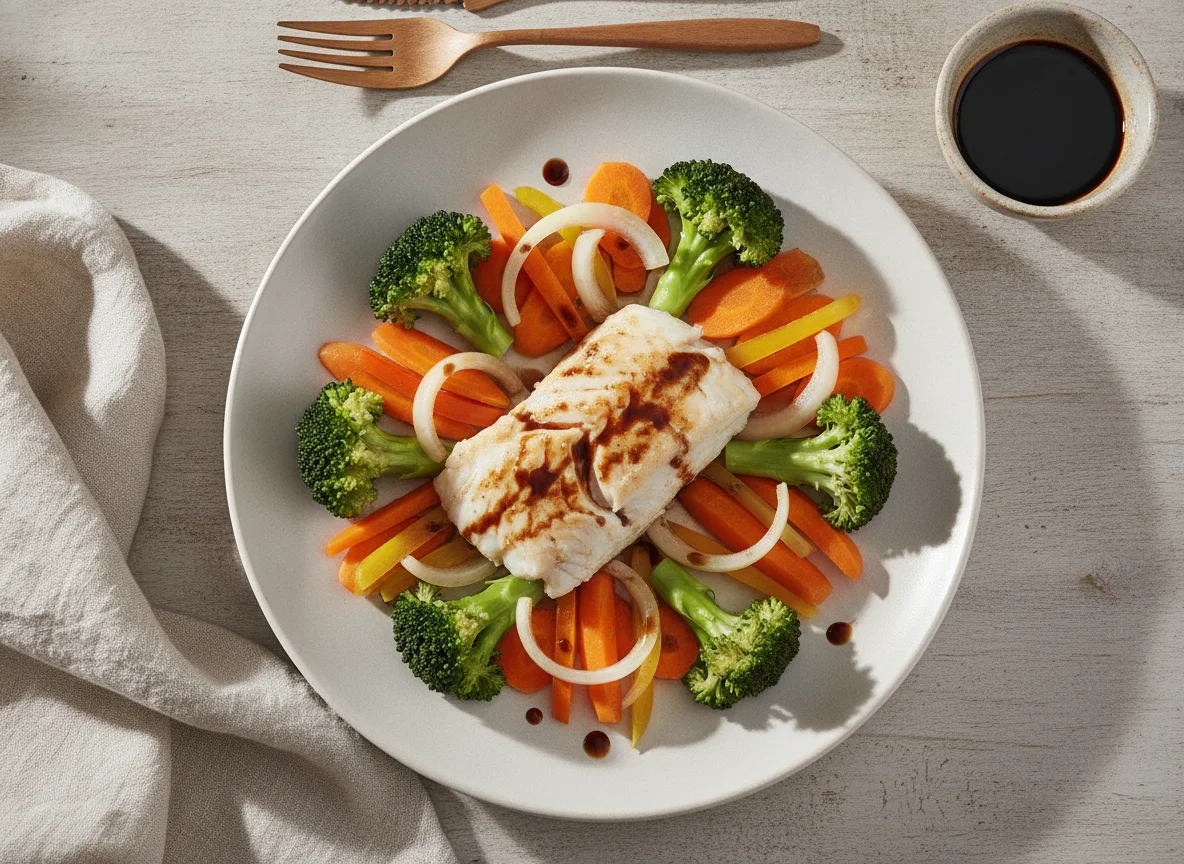 Pescado con verduras al vapor photo