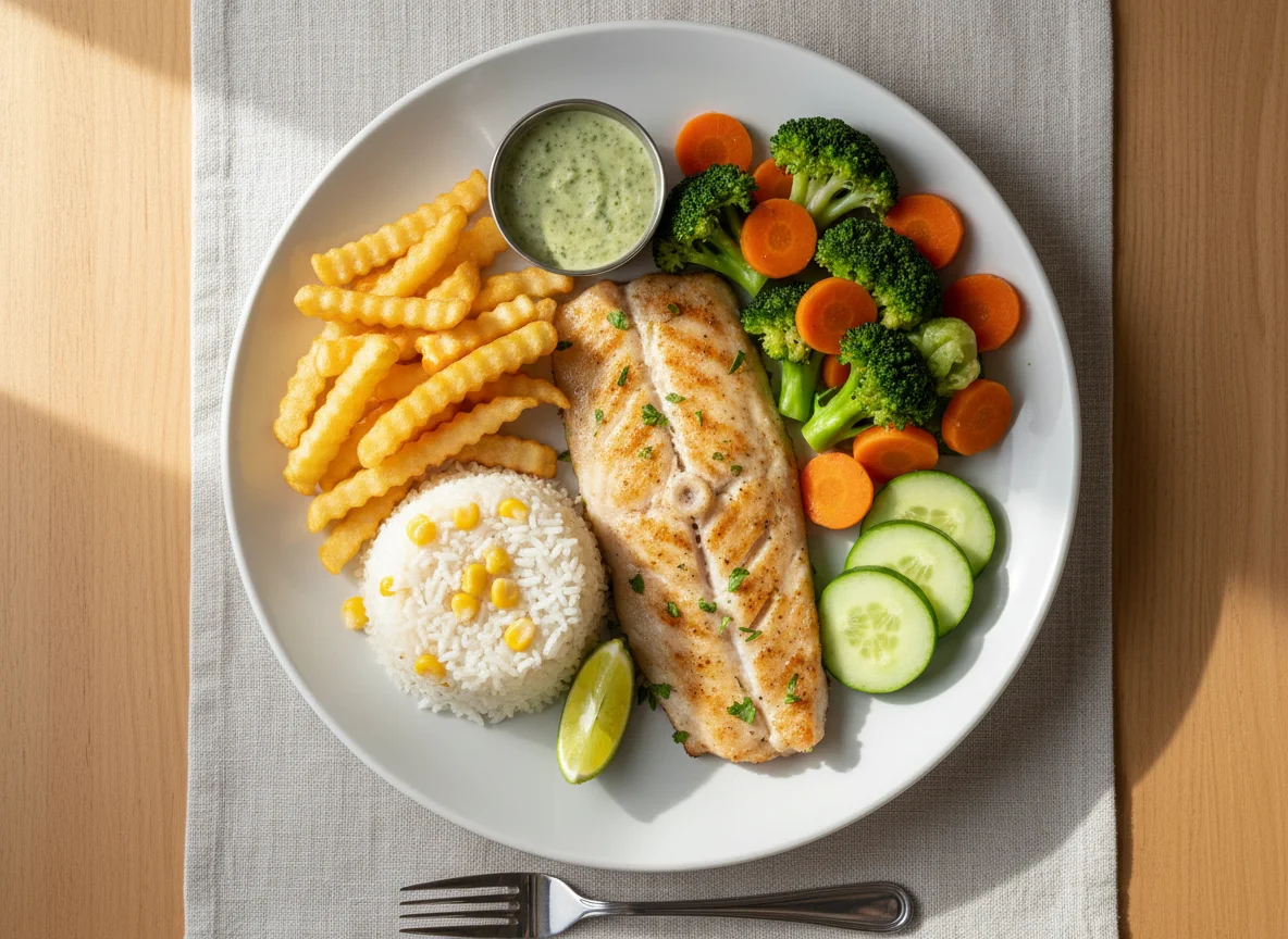 Pescado con verduras, arroz y papas fritas photo