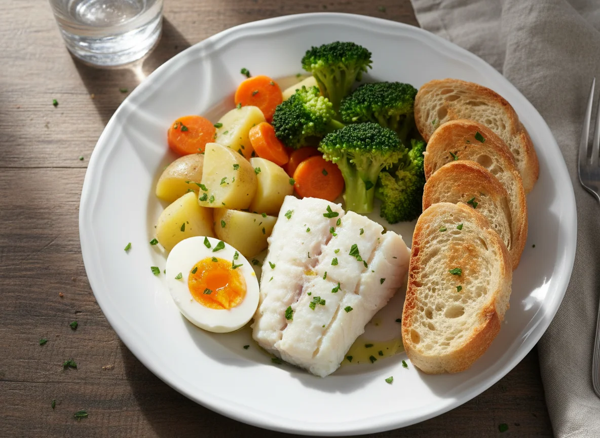 Pescado con verduras y huevo photo