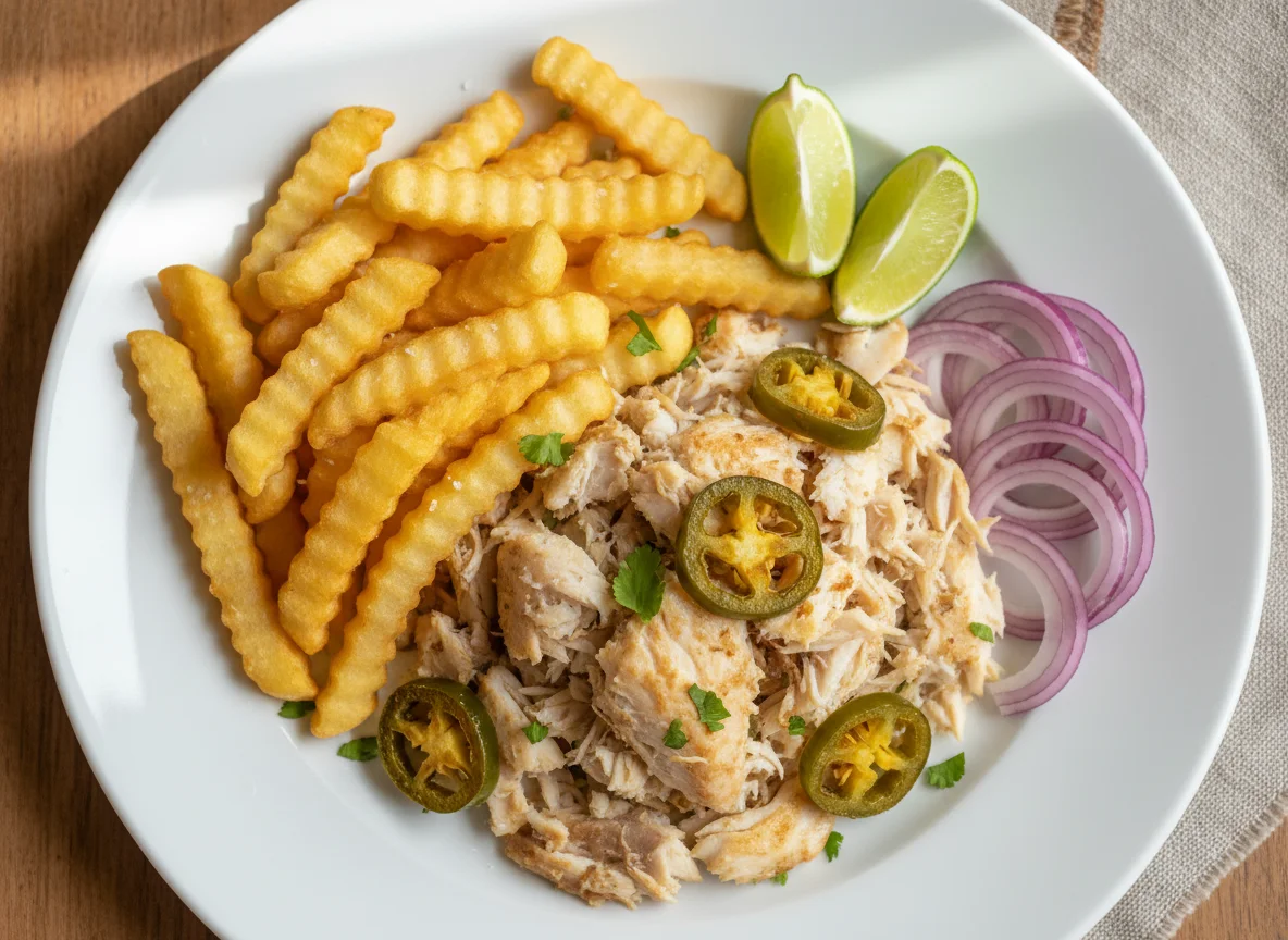 Pescado desmenuzado con papas fritas y guarniciones photo