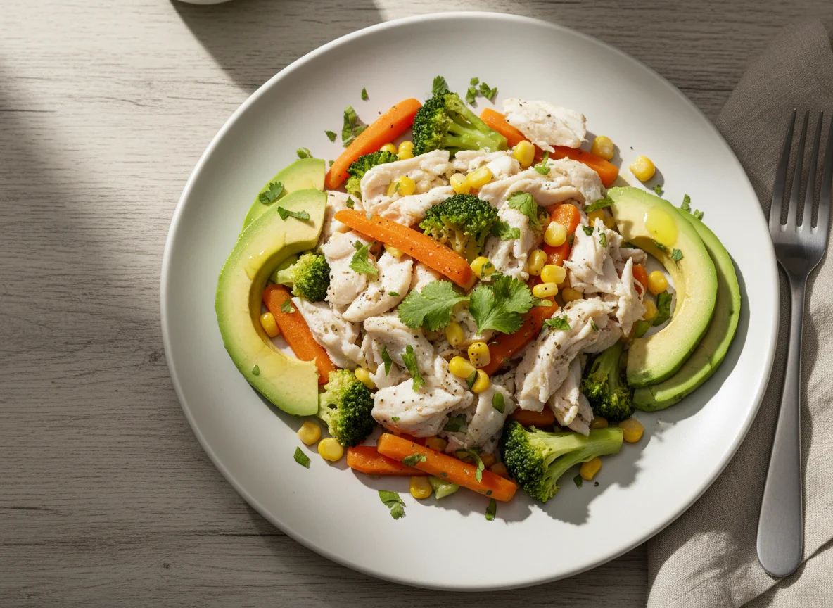 Pescado desmenuzado con vegetales y aguacate photo