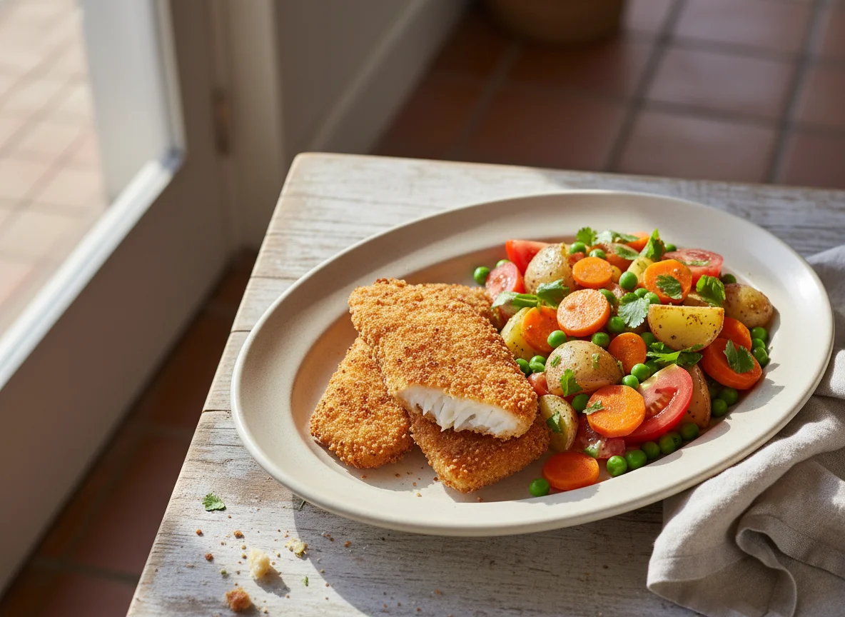 Pescado empanado con ensalada de vegetales photo