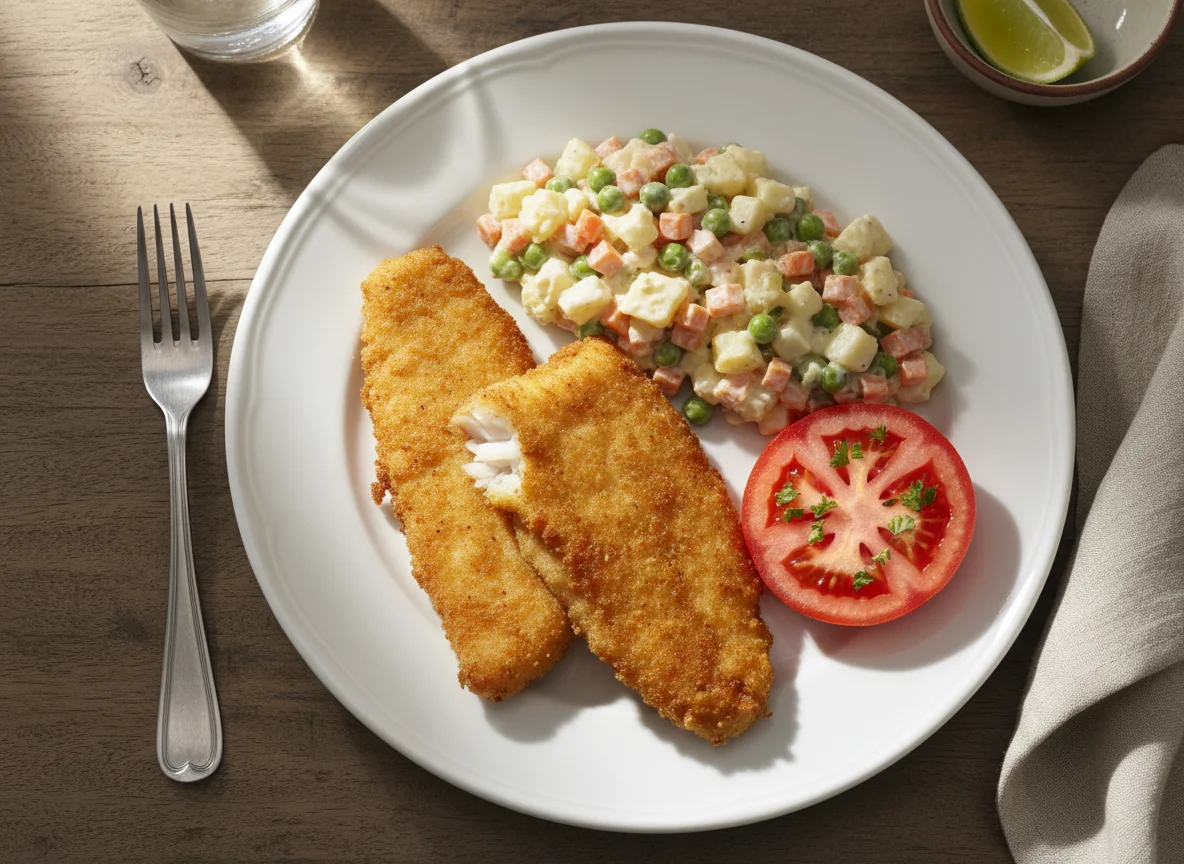 Pescado empanado con ensalada rusa y tomate photo
