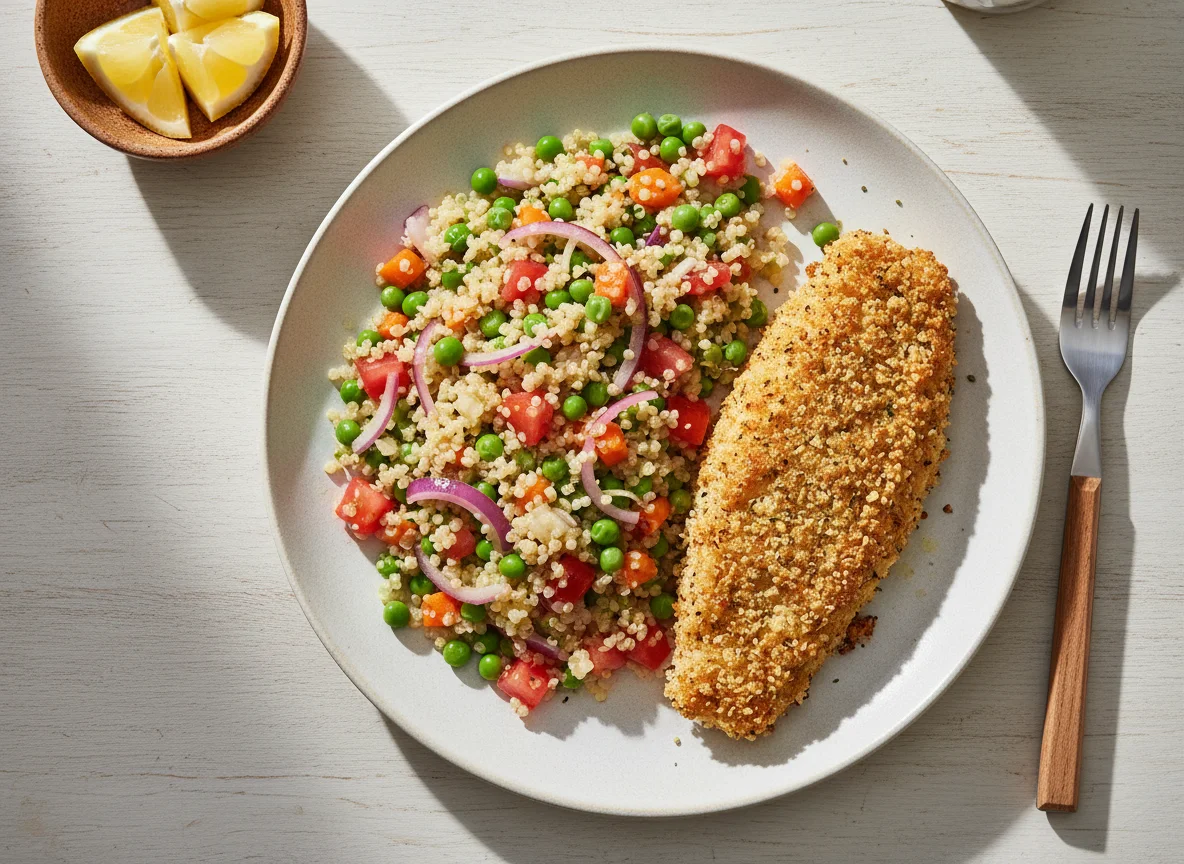 Pescado empanado con quinoa y ensalada de vegetales photo