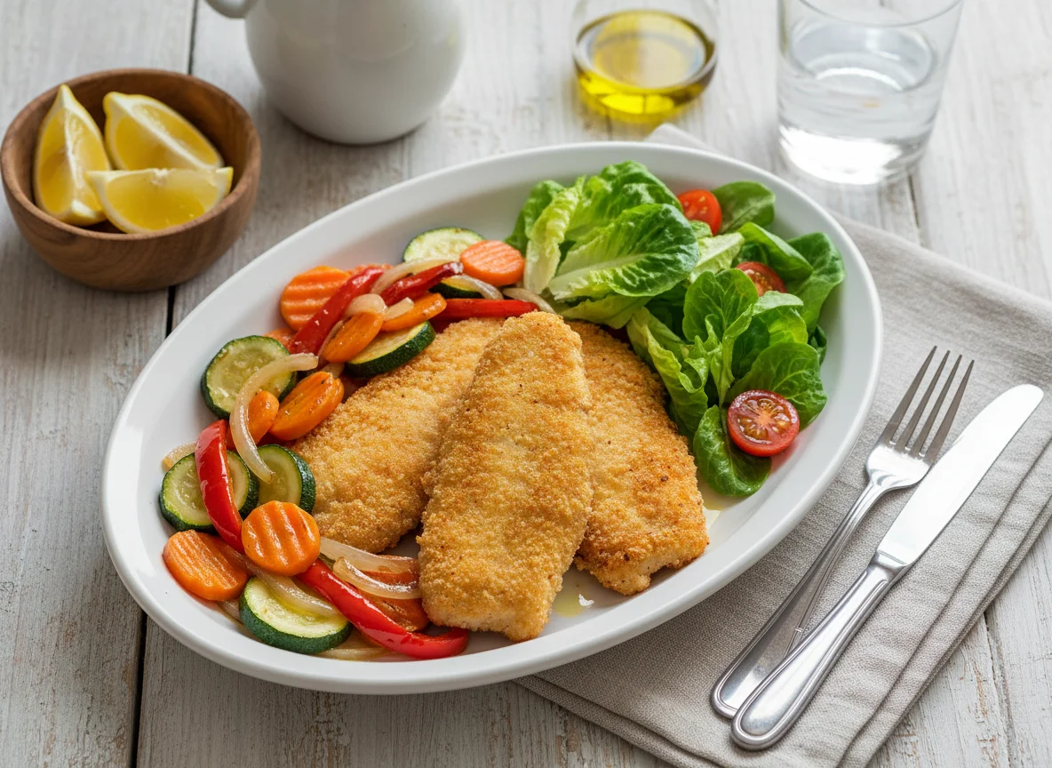 Pescado empanado con verduras salteadas y ensalada photo