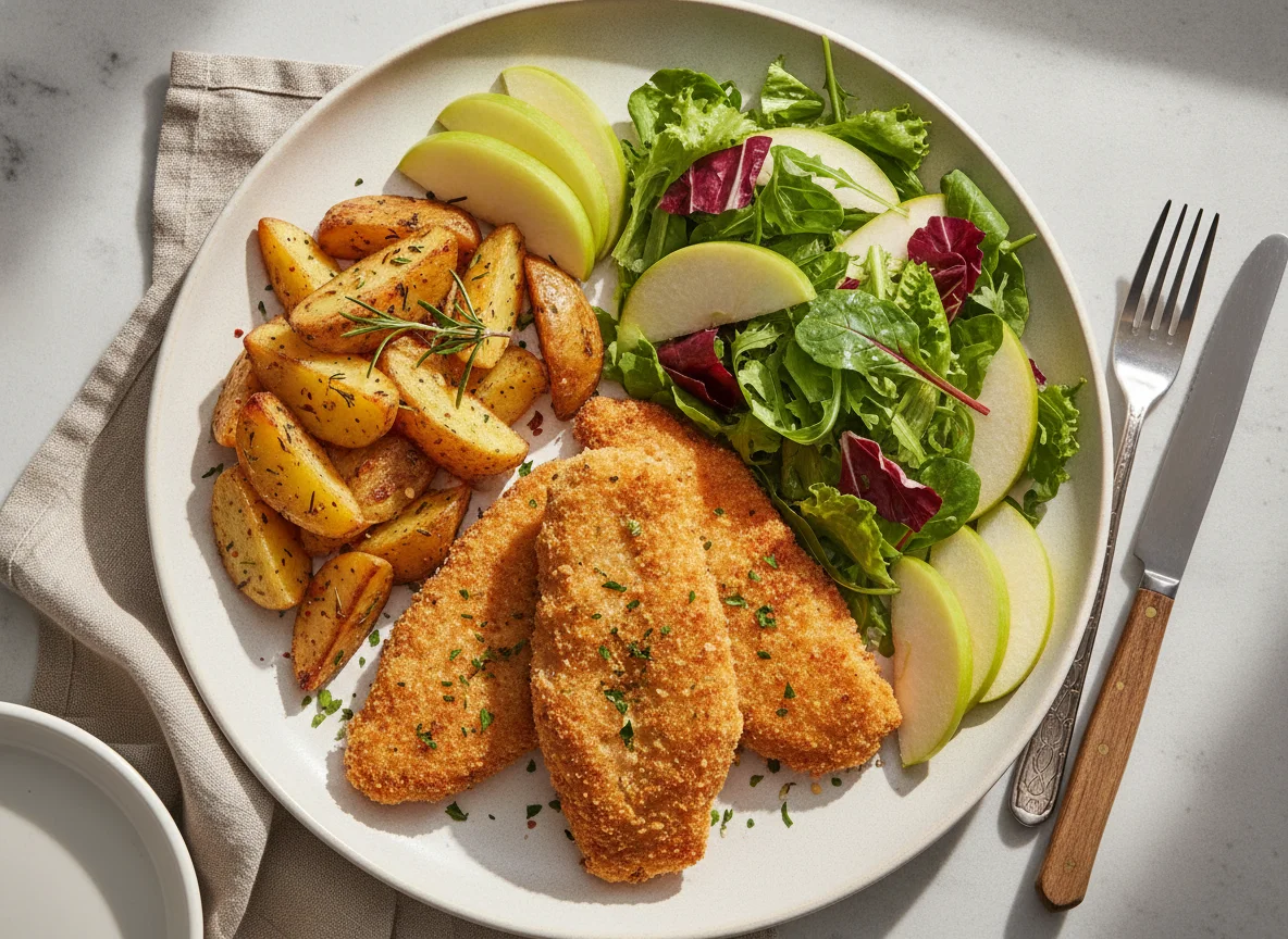 Pescado empanizado con ensalada, papas y fruta photo