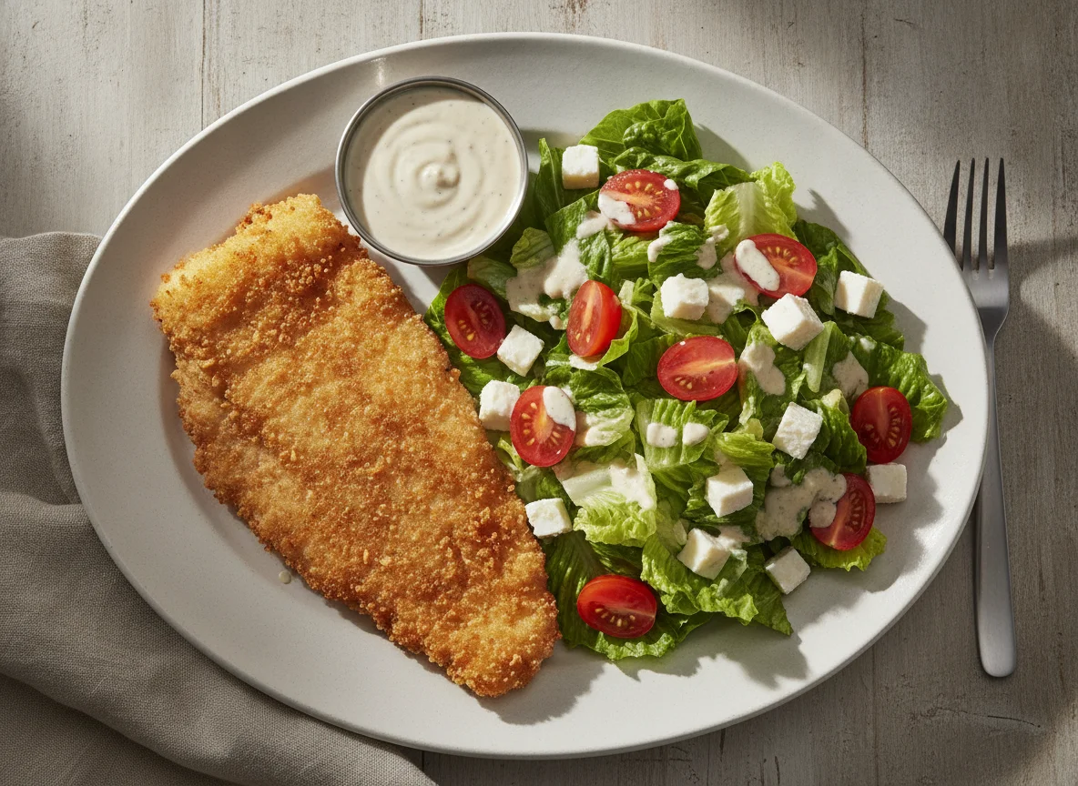 Pescado empanizado con ensalada y aderezo photo