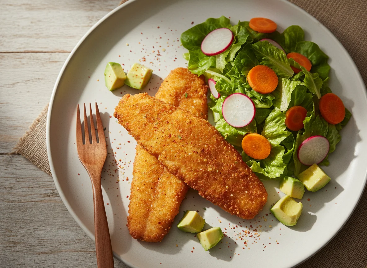 Pescado empanizado con ensalada y aguacate photo