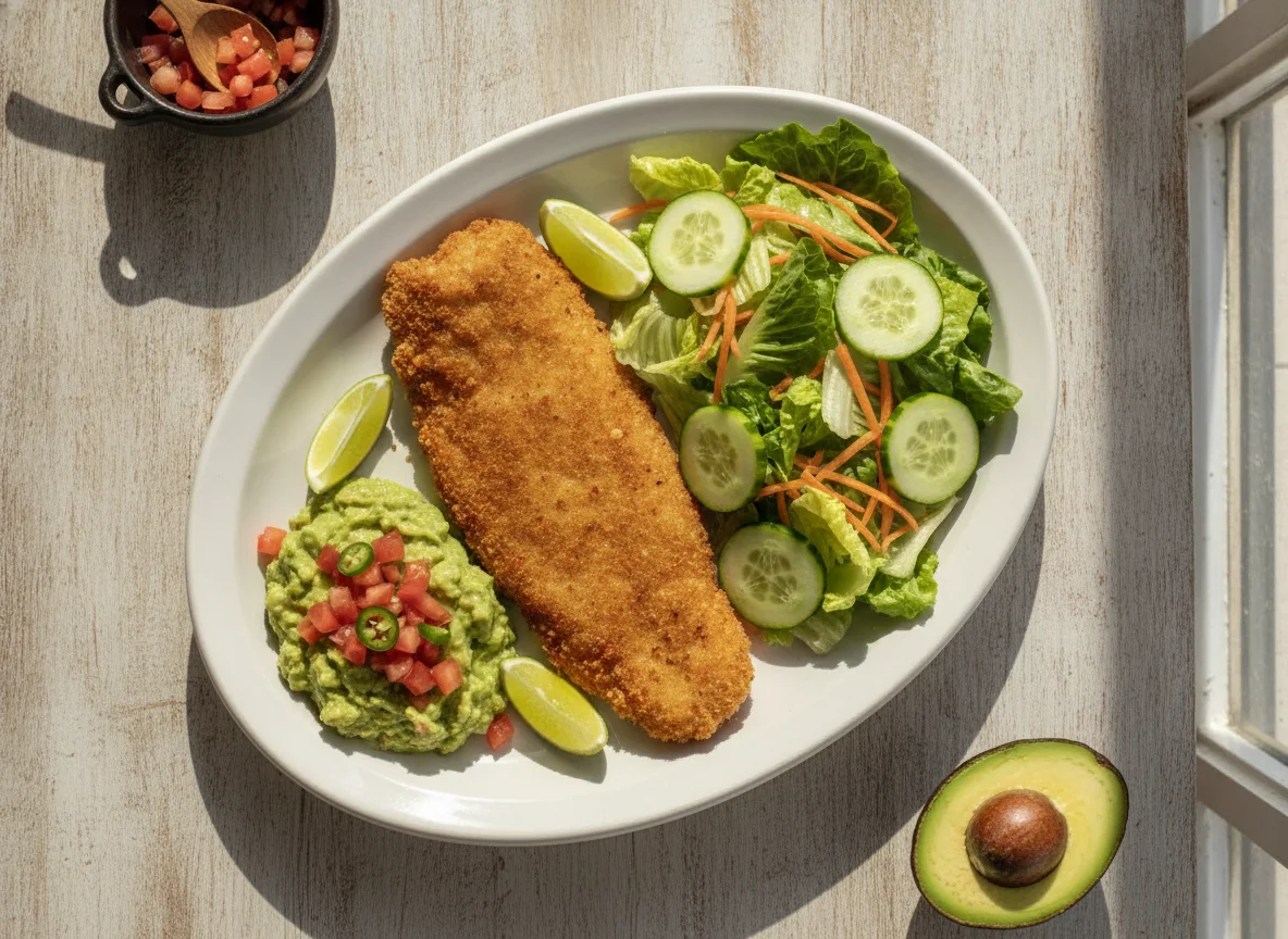 Pescado empanizado con ensalada y guacamole photo