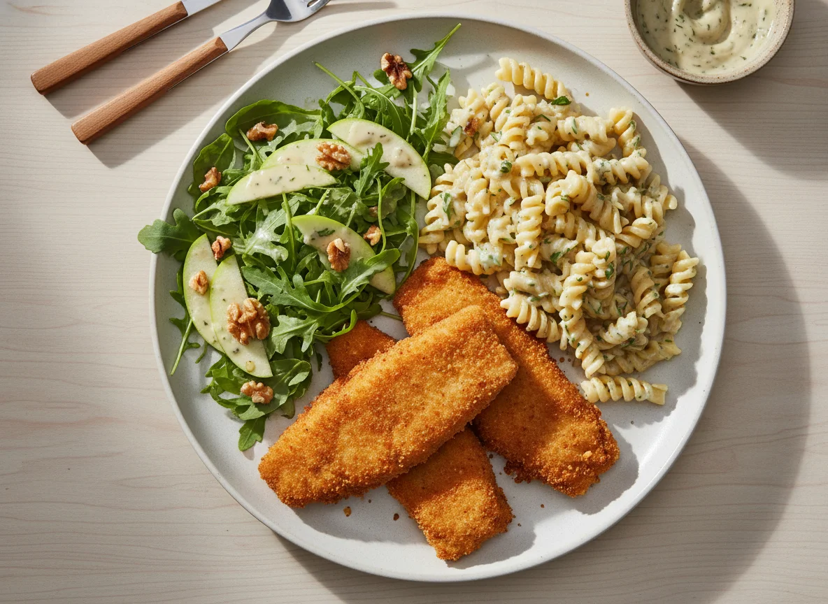 Pescado empanizado con ensalada y pasta photo