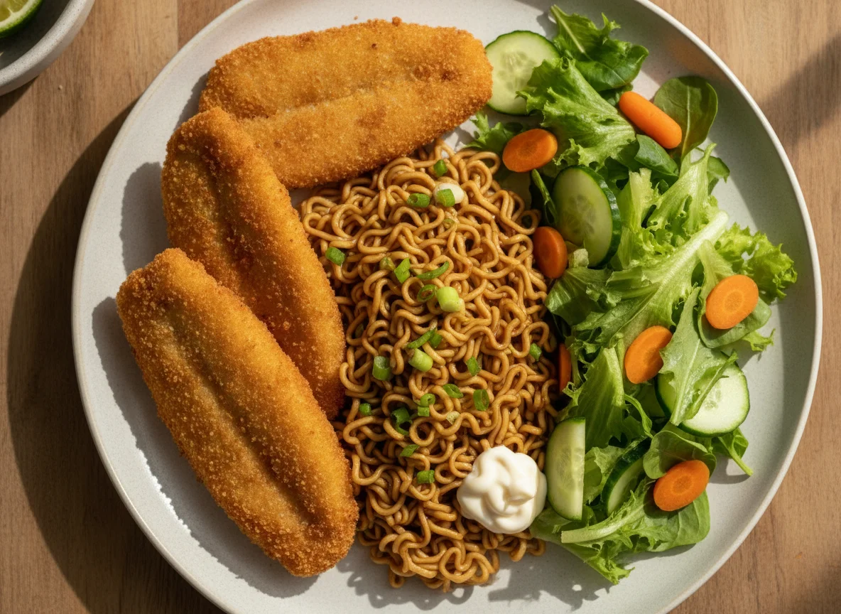 Pescado empanizado con fideos a la soya y ensalada photo
