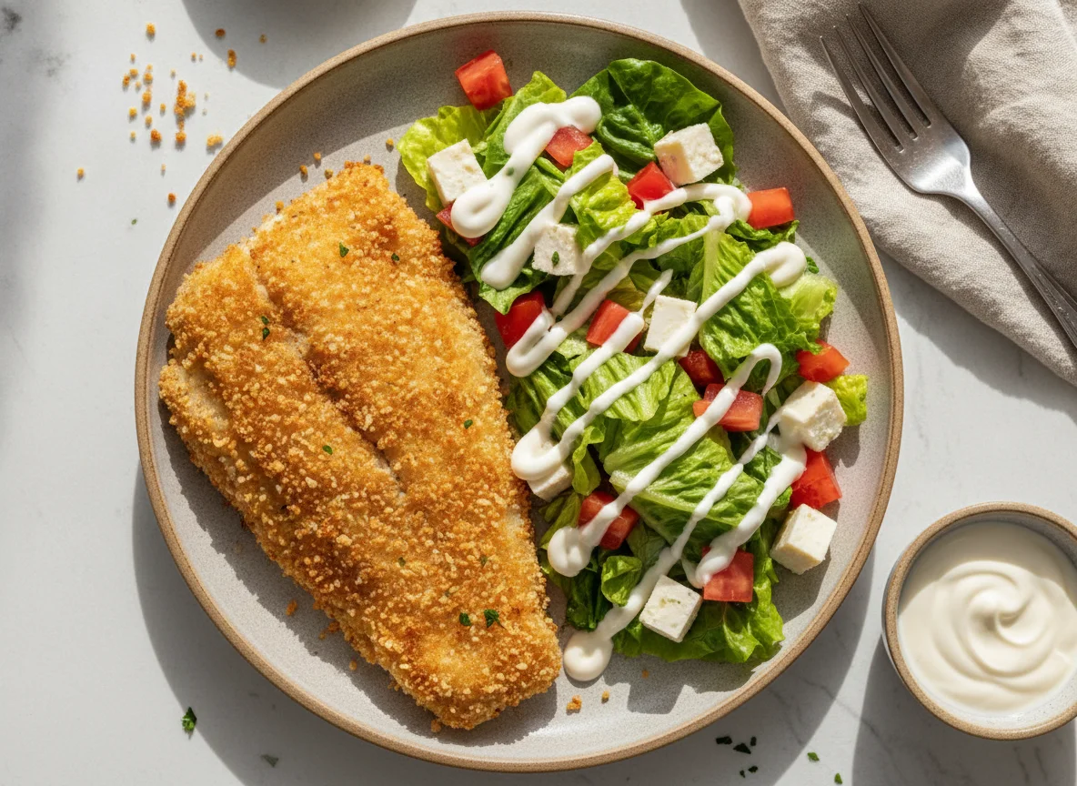 Pescado empanizado con panko en air fryer y ensalada con aderezo de yogurt photo