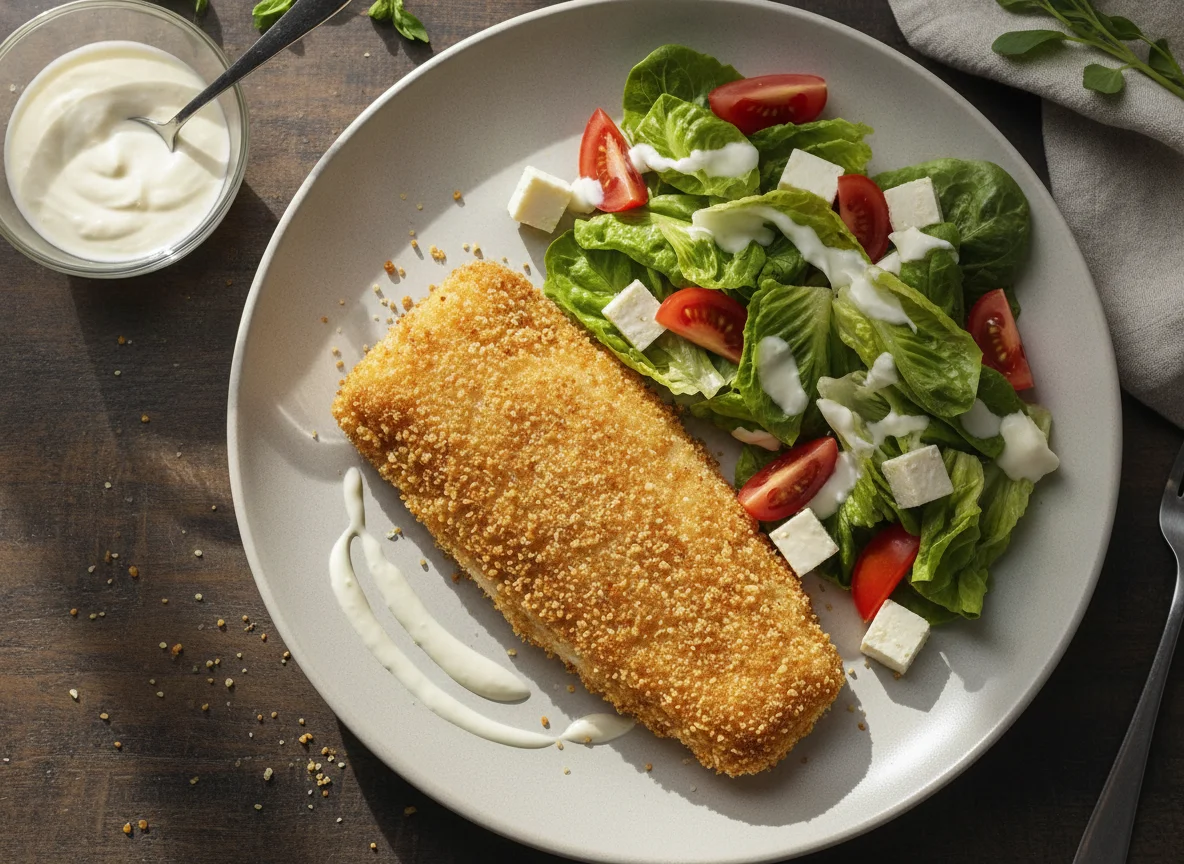 Pescado empanizado con panko y ensalada con aderezo de yogurt photo