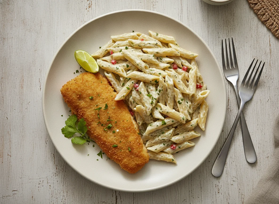 Pescado empanizado con pasta penne en salsa blanca photo