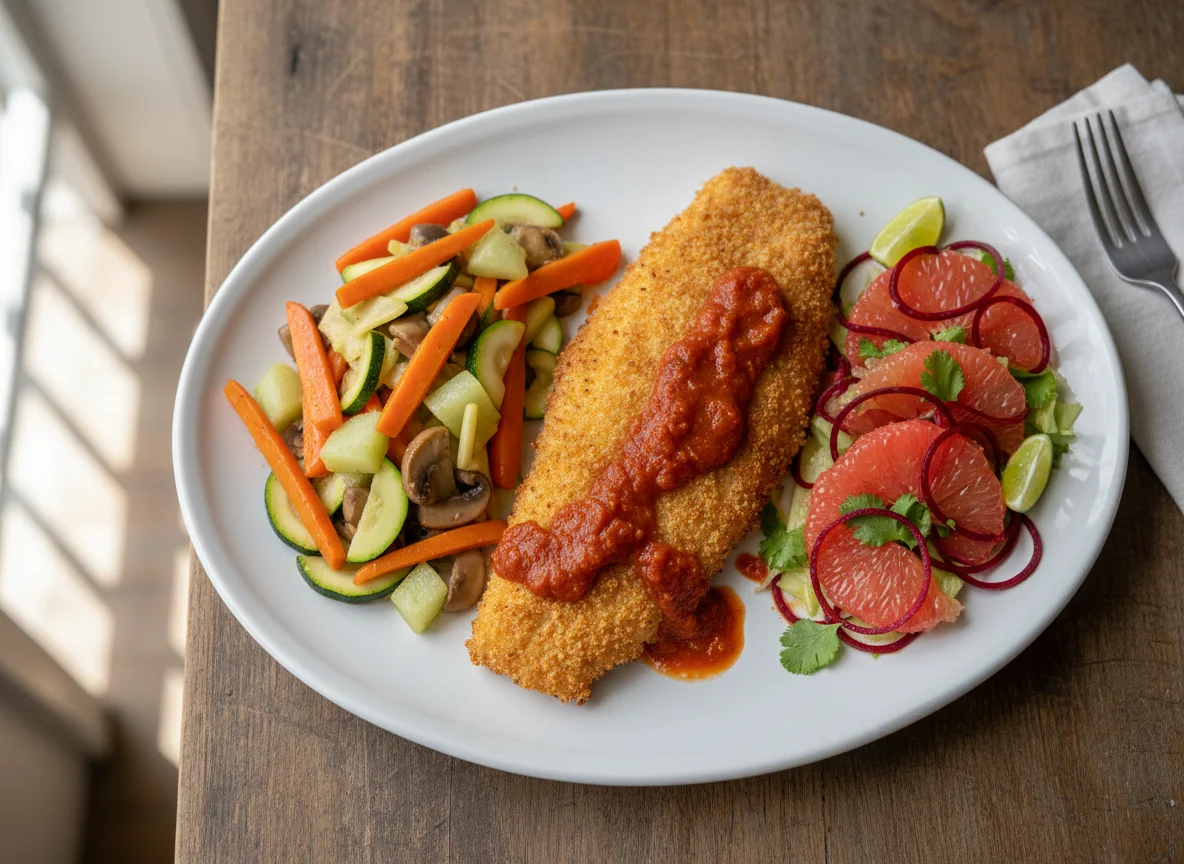 Pescado empanizado con vegetales y ensalada de toronja photo