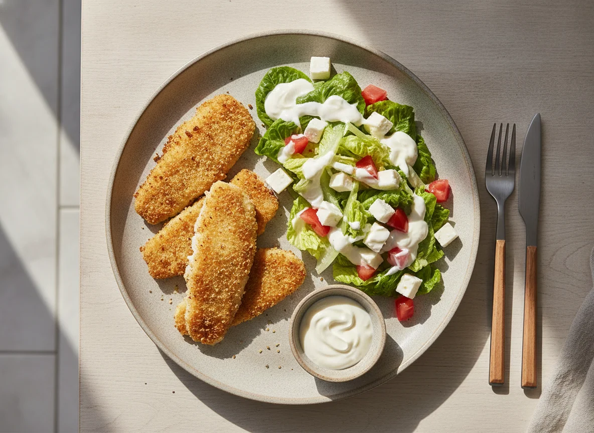 Pescado empanizado en air fryer con ensalada y aderezo de yogurt photo