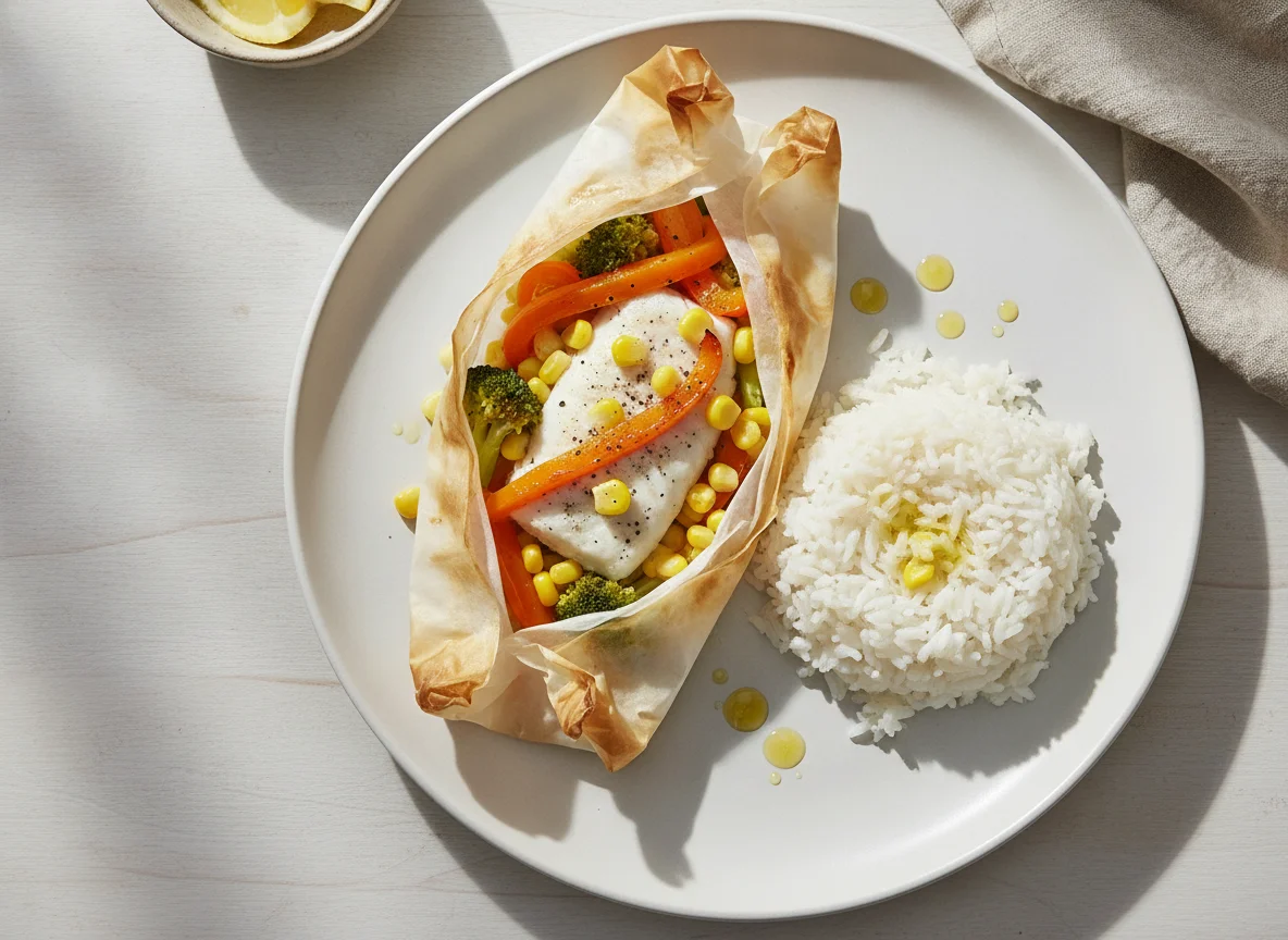 Pescado empapelado con arroz blanco photo
