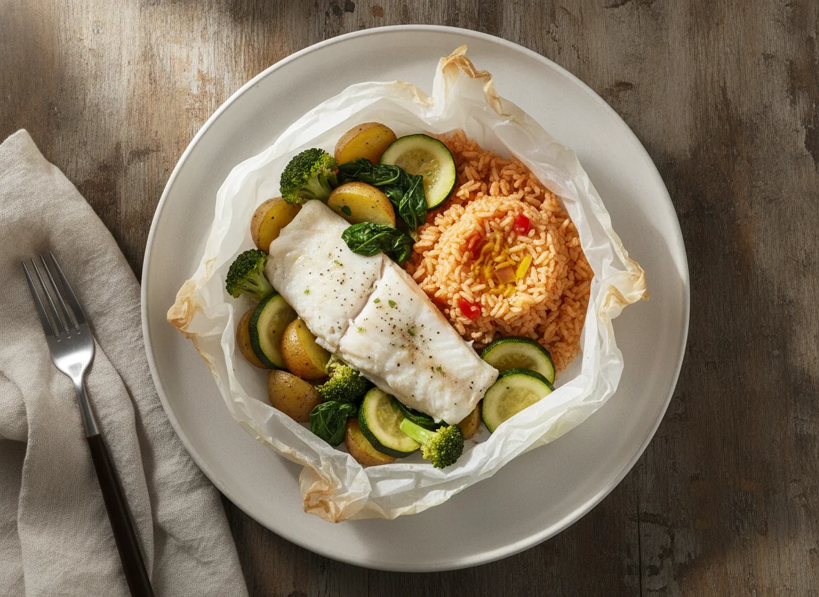 Pescado empapelado con arroz rojo photo