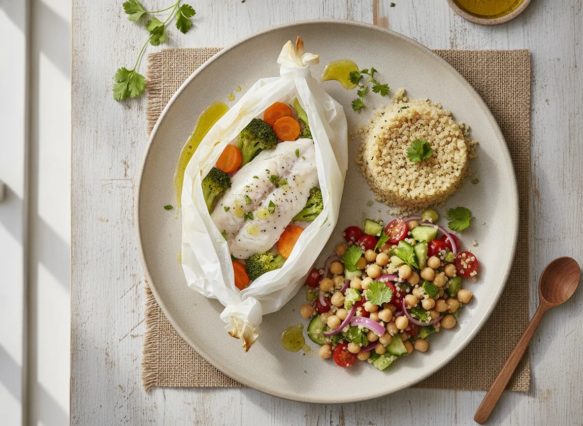 Pescado empapelado con verduras, quinoa y ensalada de garbanzos photo