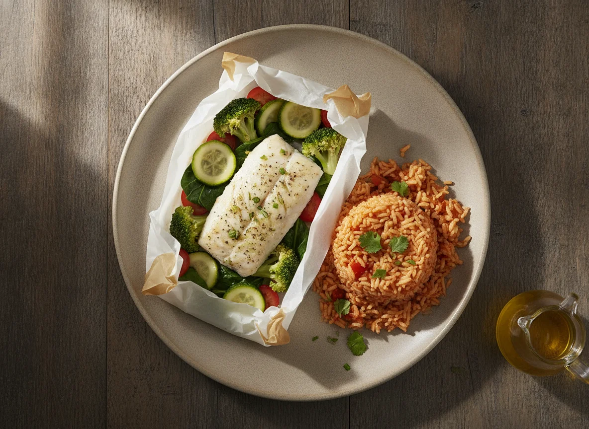 Pescado empapelado con verduras y arroz photo