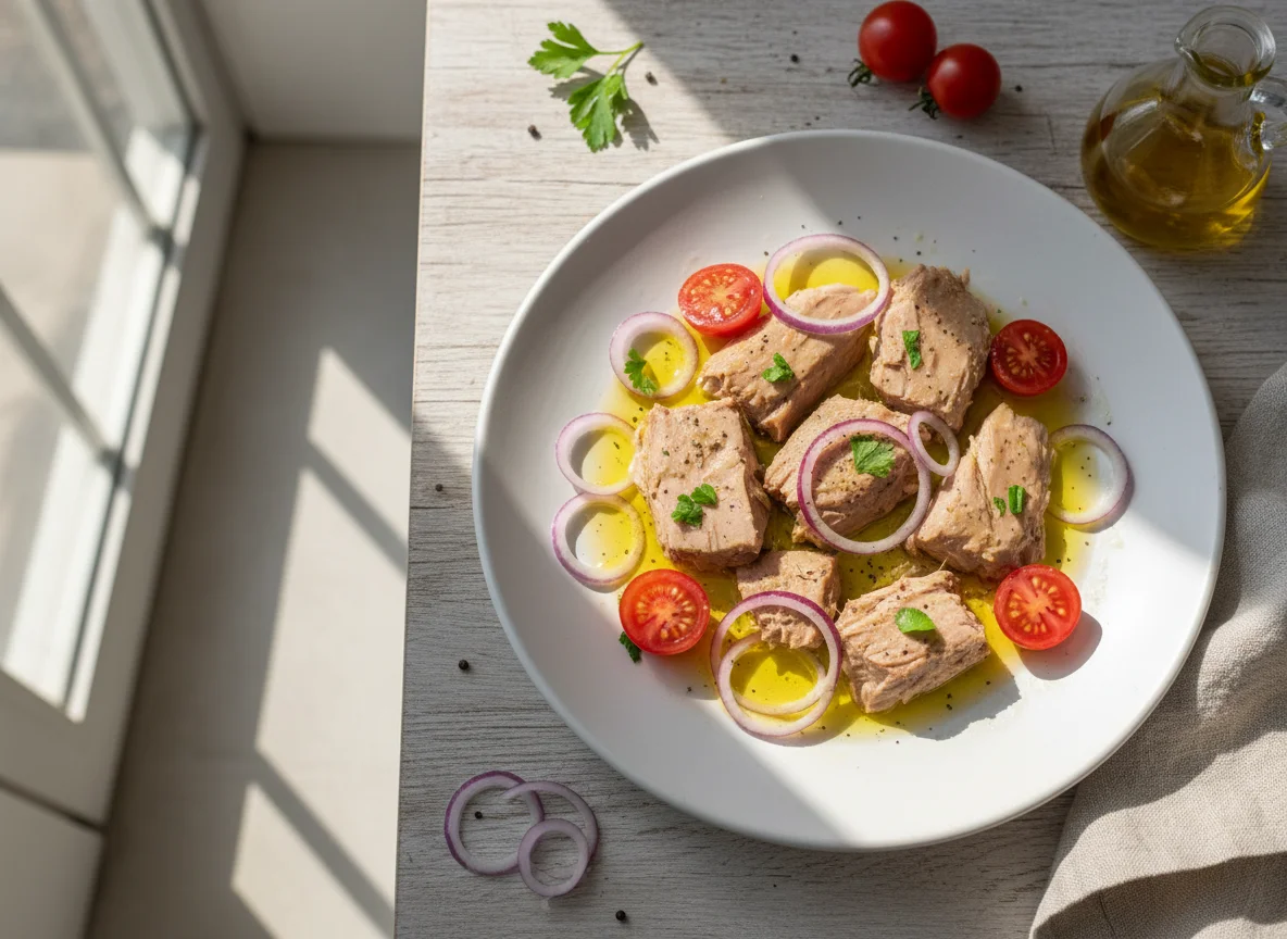 Pescado en conserva con cebolla y tomate photo