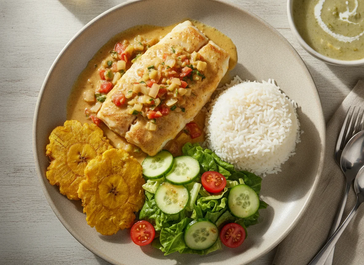 Pescado en salsa con arroz, patacón y ensalada photo