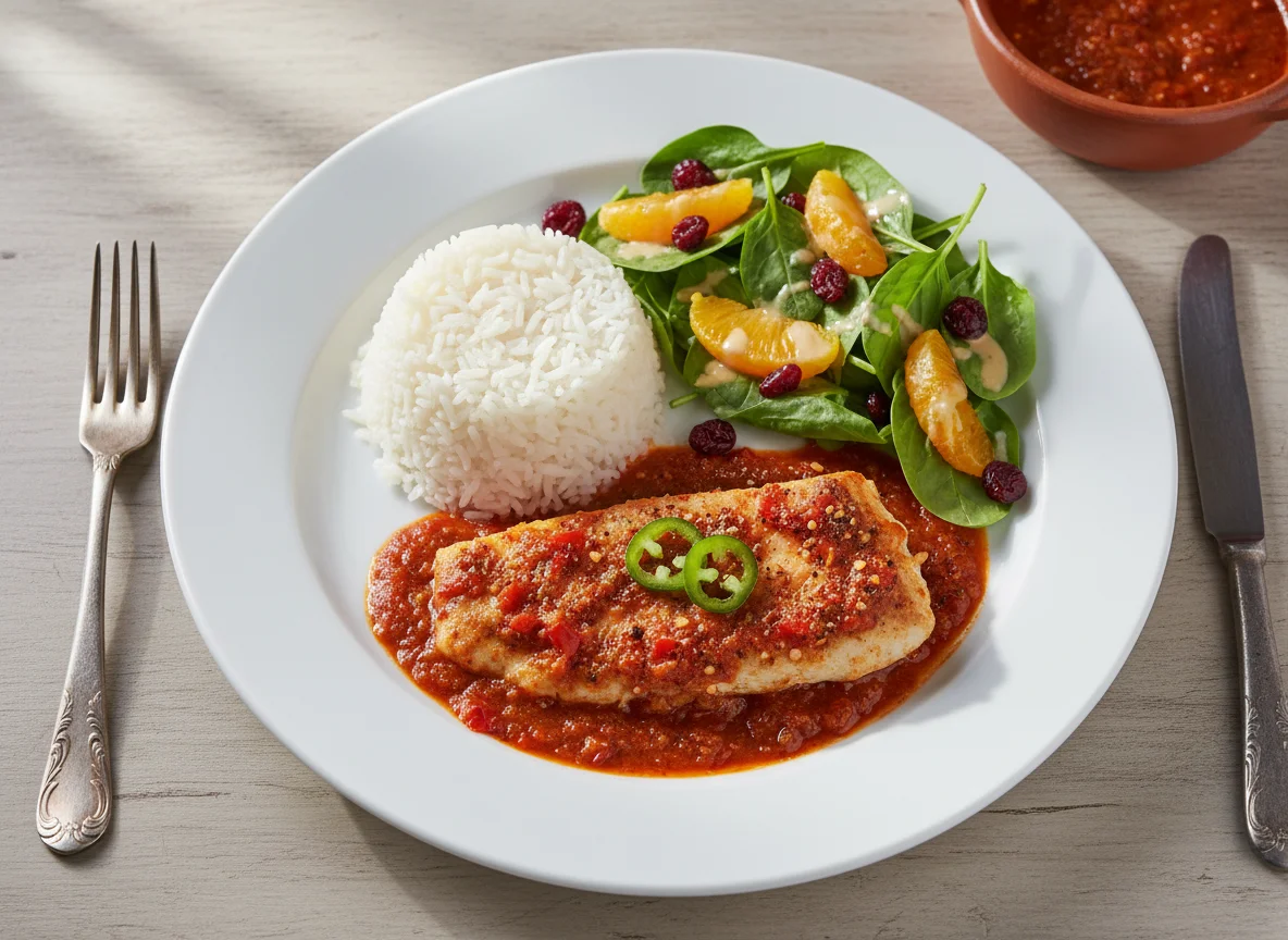 Pescado en salsa con arroz y ensalada photo