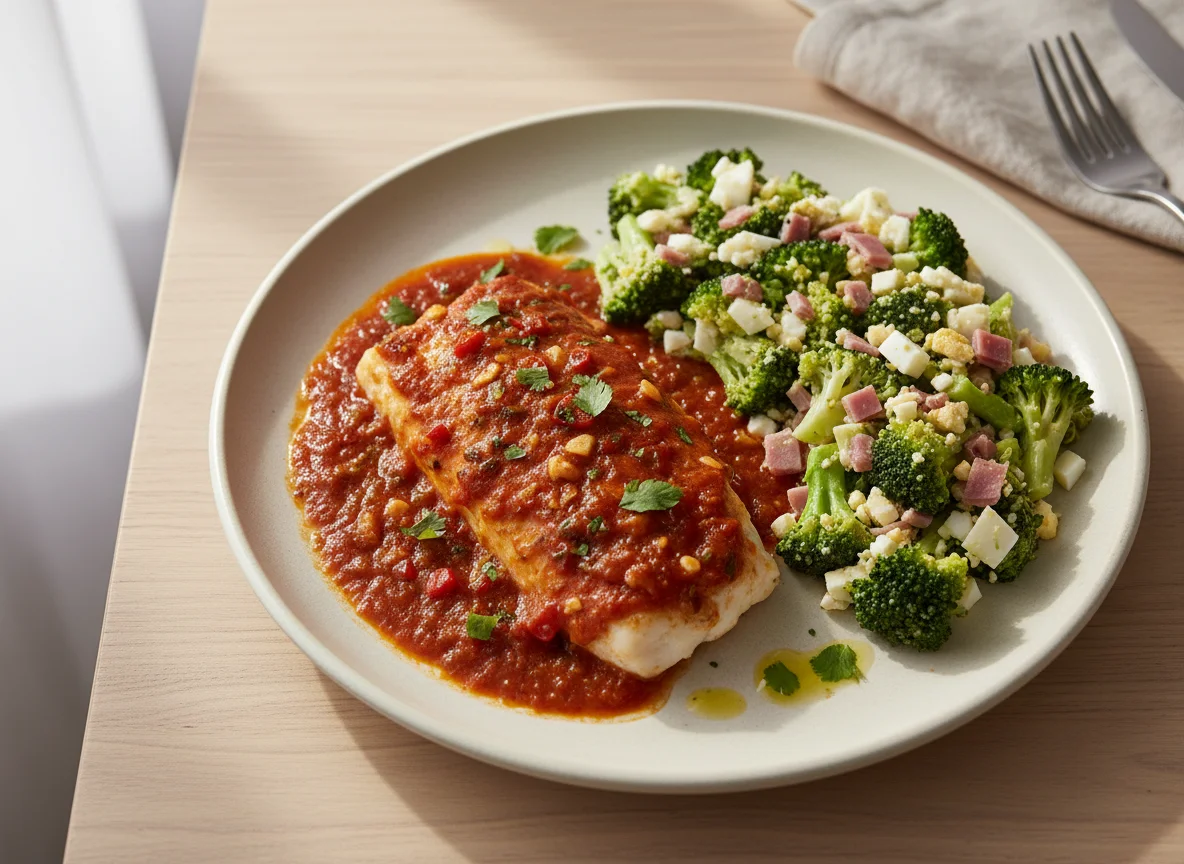 Pescado en salsa roja con ensalada de brócoli photo