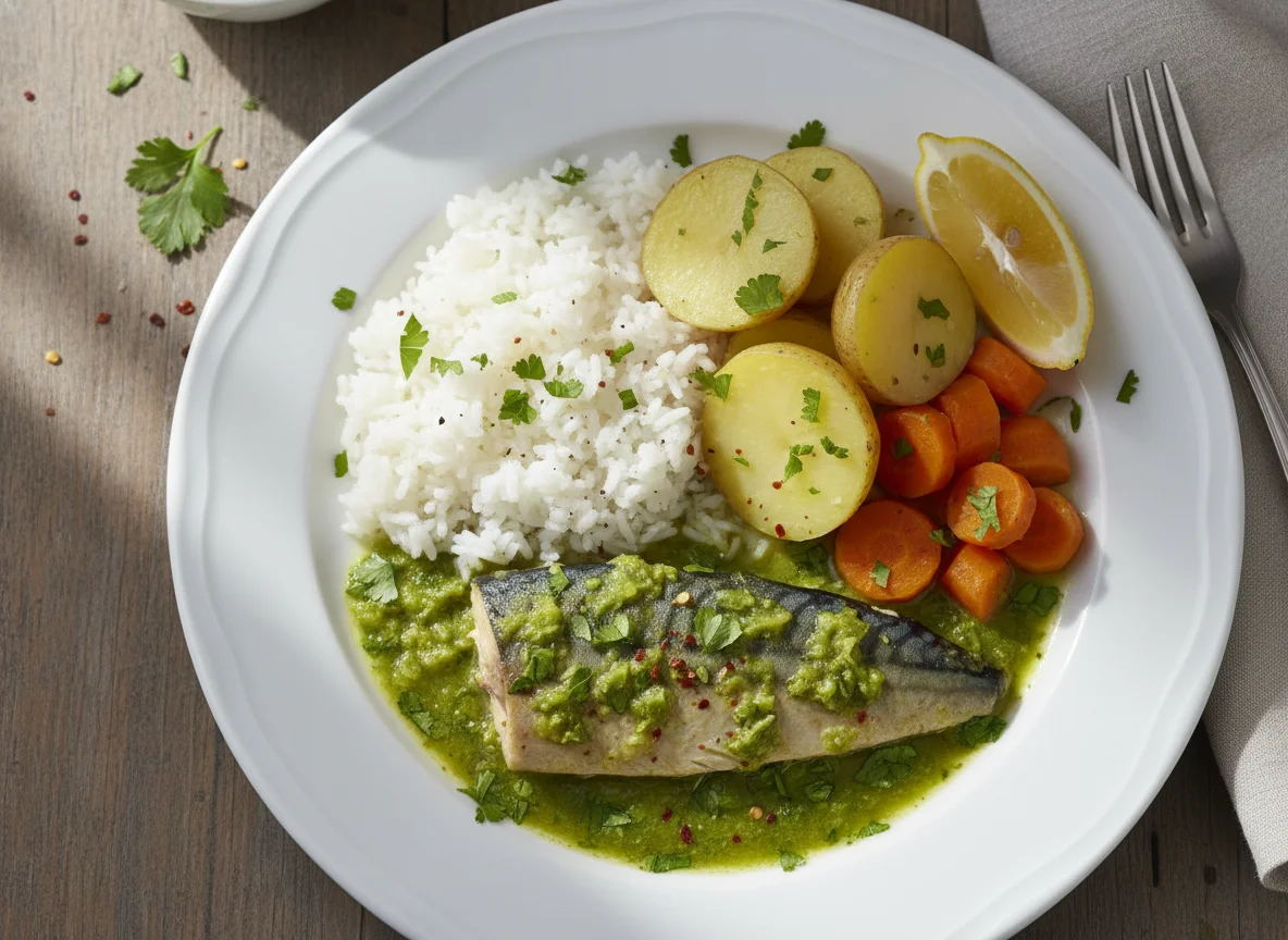 Pescado en salsa verde con arroz y papas photo