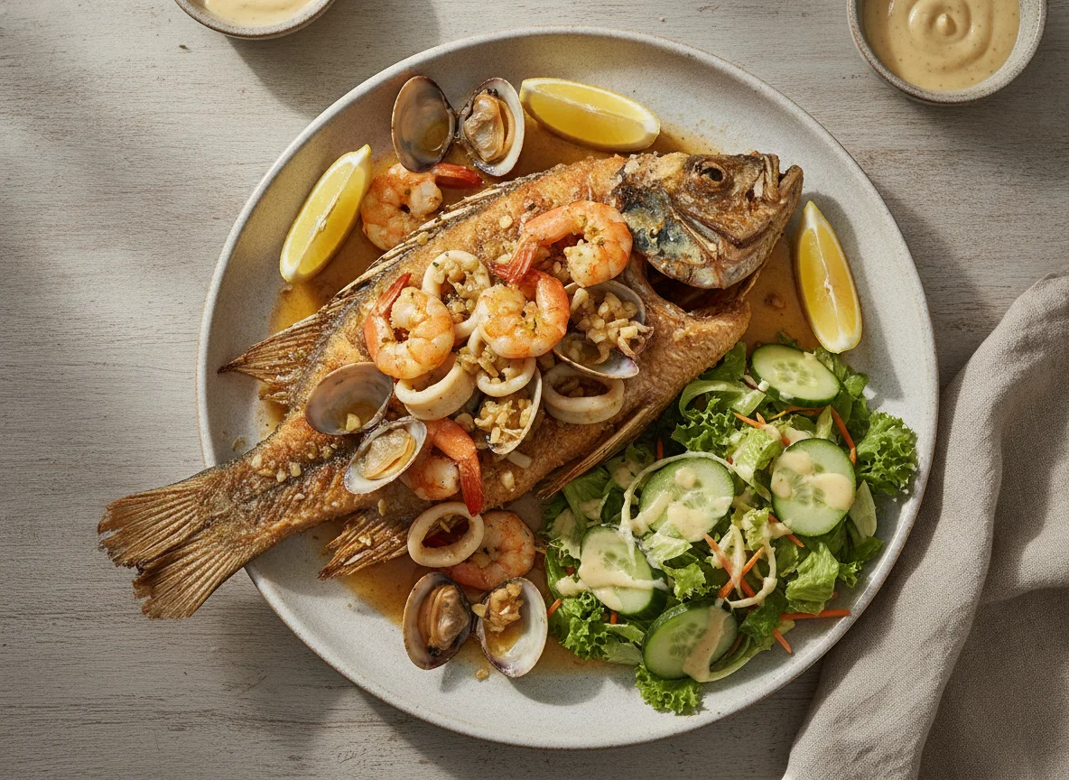 Pescado entero frito con mariscos y ensalada photo