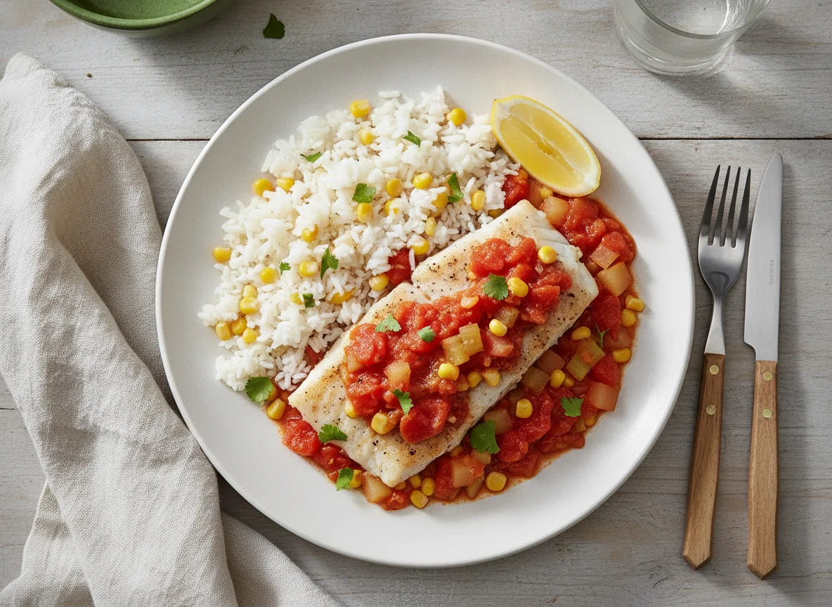 Pescado entomatado con arroz y vegetales photo