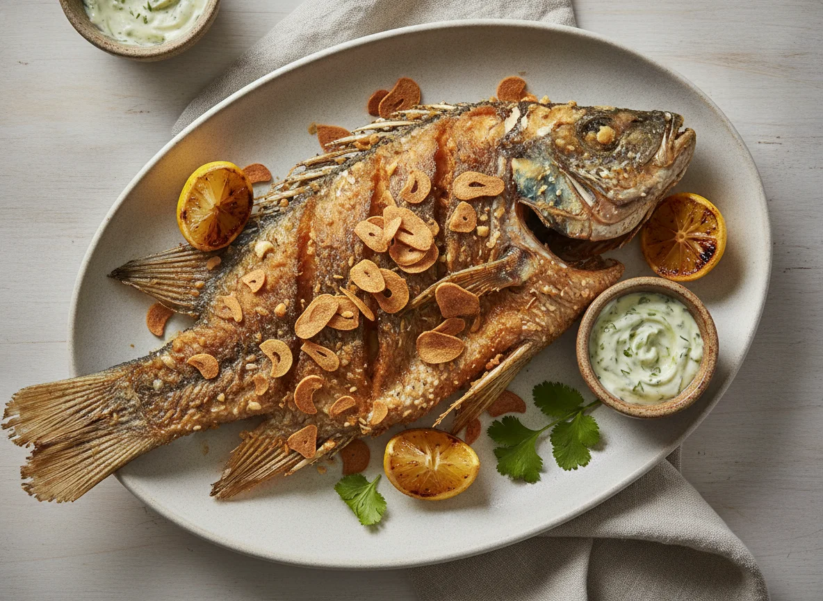 Pescado frito al ajo photo