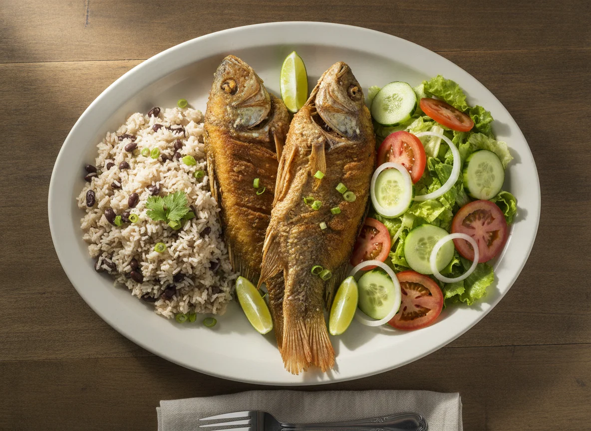 Pescado frito con arroz de coco y ensalada photo