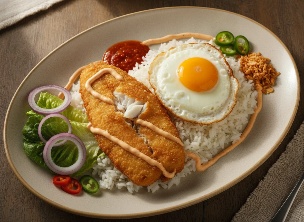 Pescado frito con arroz, huevo y salsa photo