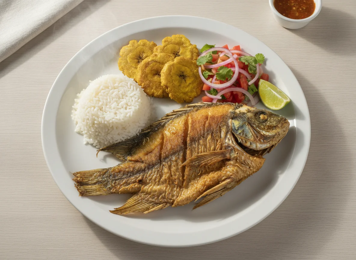 Pescado frito con arroz, patacón y ensalada photo