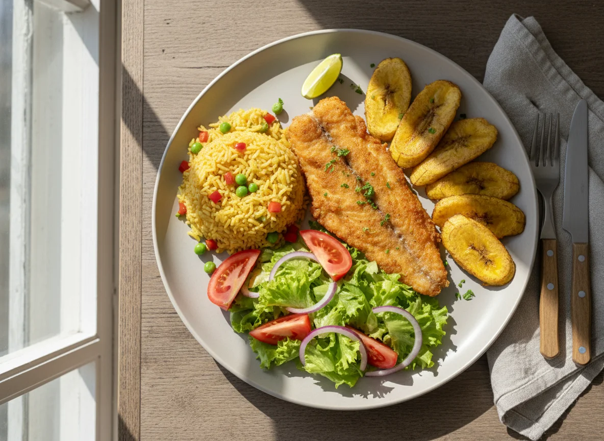 Pescado frito con arroz, plátano frito y ensalada photo