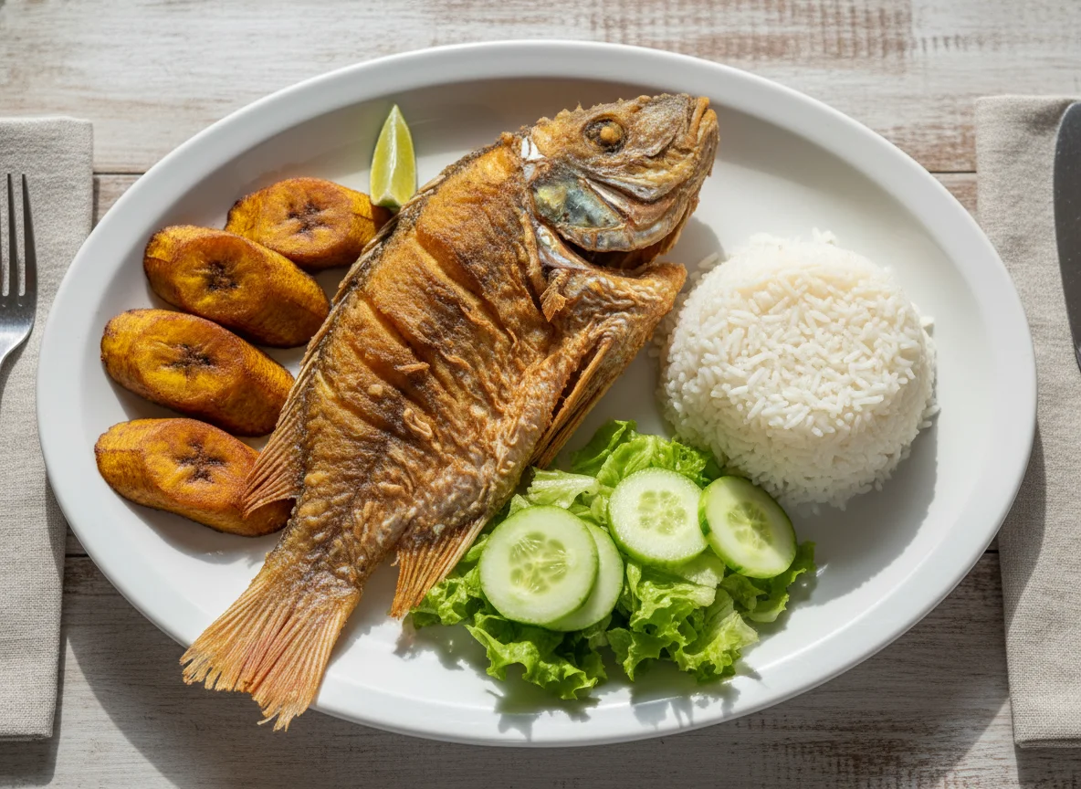 Pescado frito con arroz, plátano maduro y ensalada photo