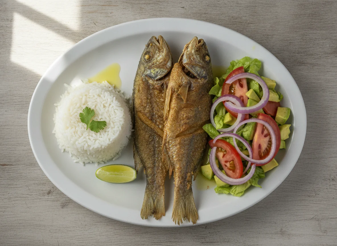 Pescado frito con arroz y ensalada de aguacate photo