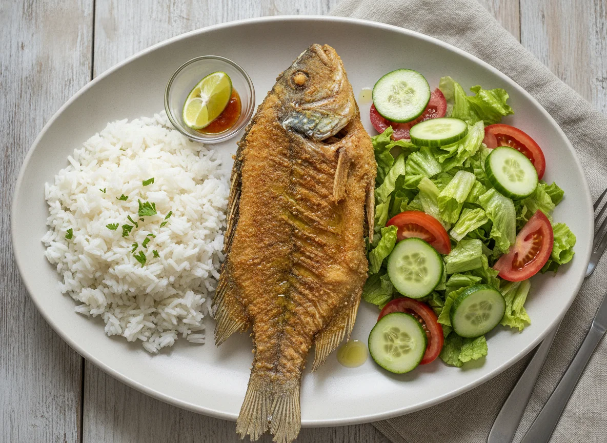 Pescado frito con arroz y ensalada mixta photo