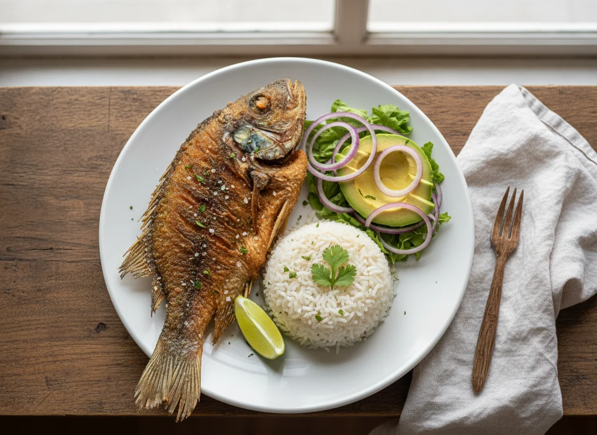 Pescado frito con arroz y ensalada photo