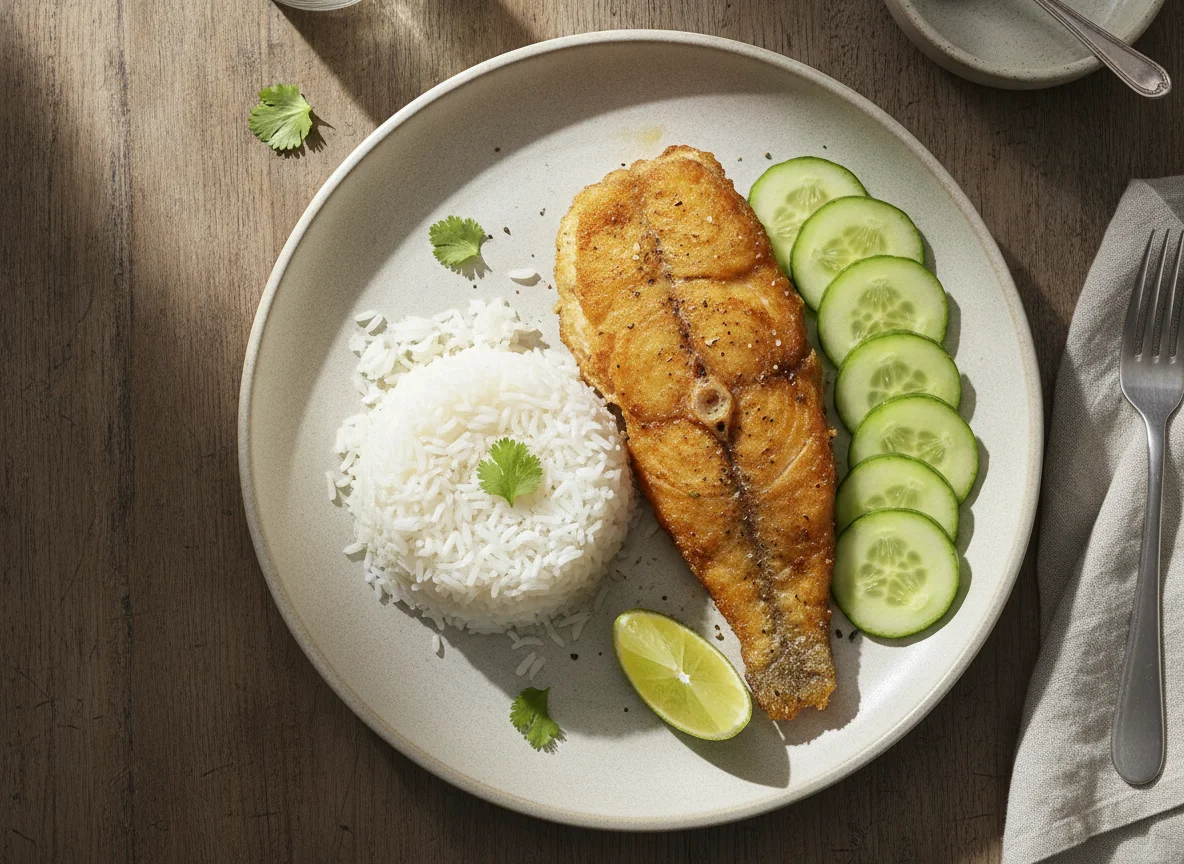 Pescado frito con arroz y pepino photo