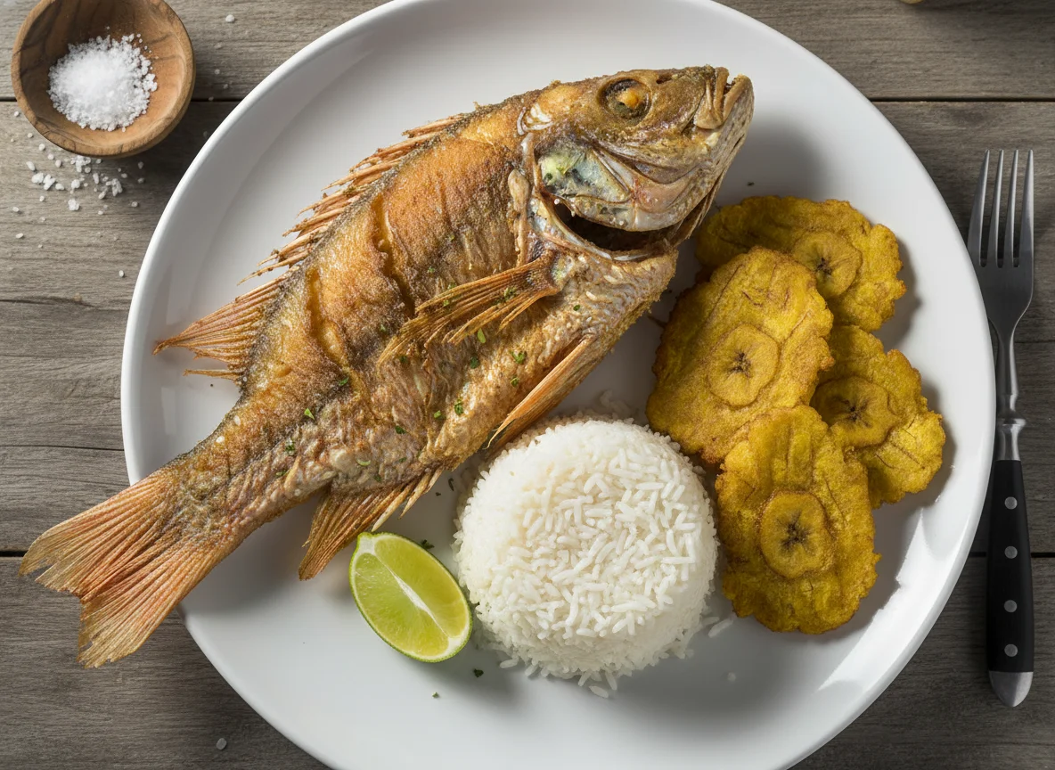 Pescado frito con arroz y plátano frito photo