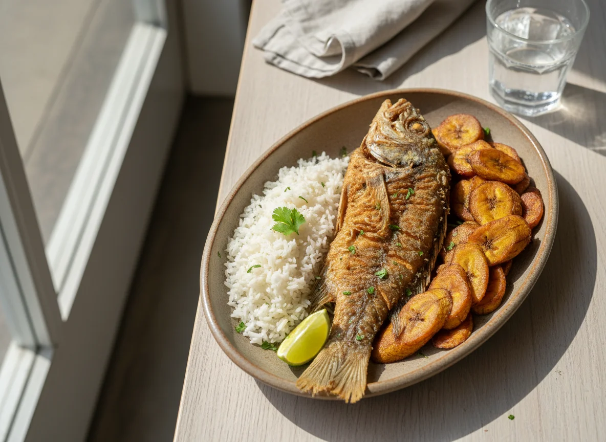 Pescado frito con arroz y tajadas photo