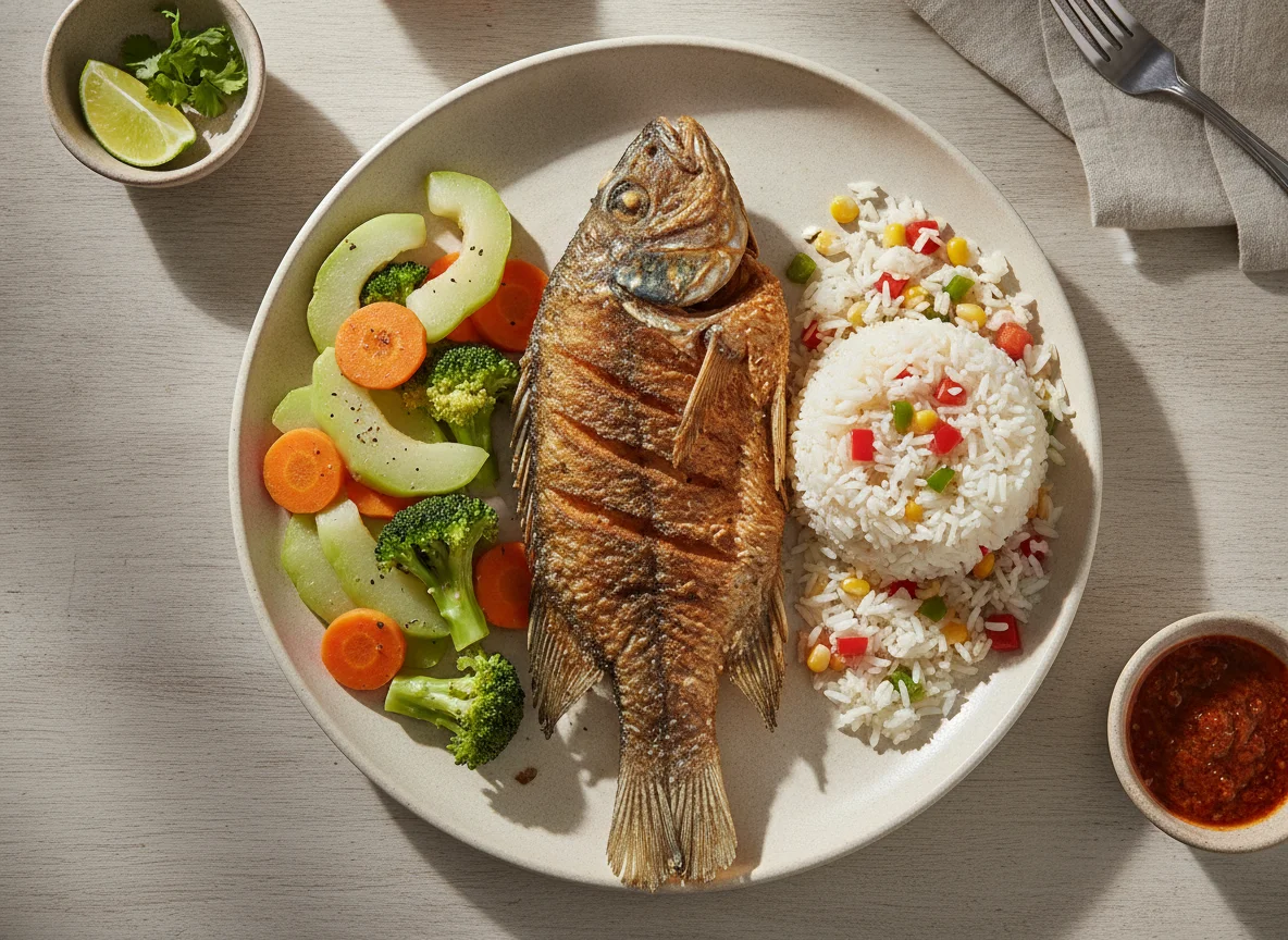 Pescado frito con arroz y vegetales al vapor photo