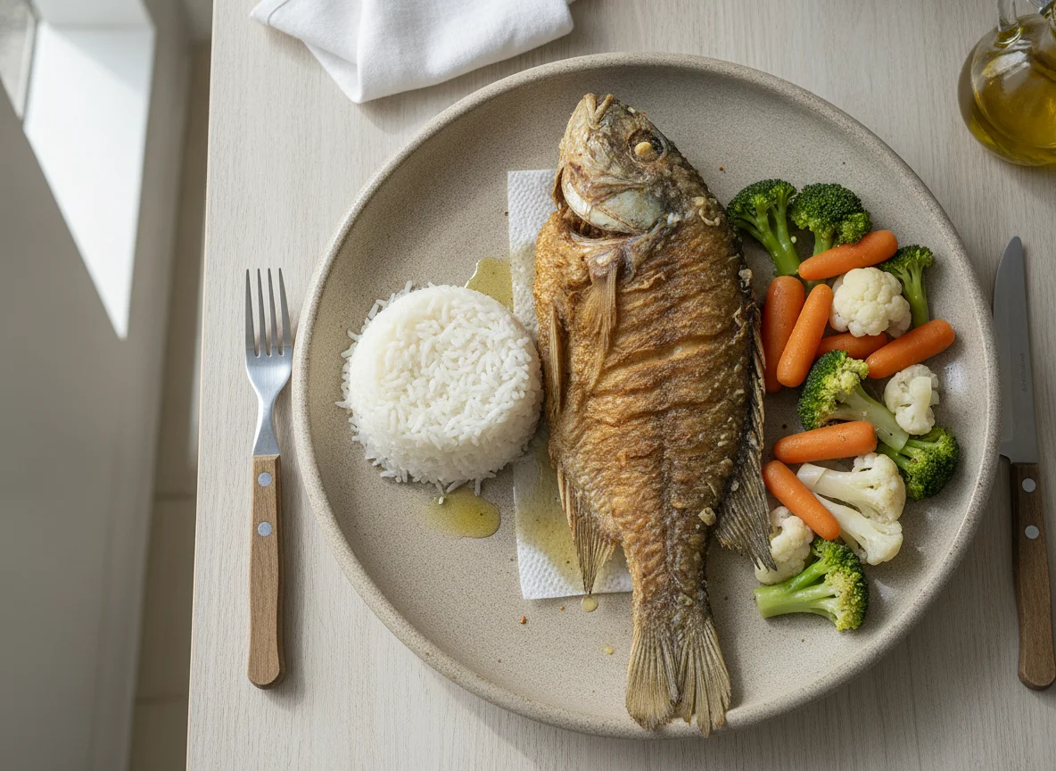 Pescado frito con arroz y verduras al vapor photo