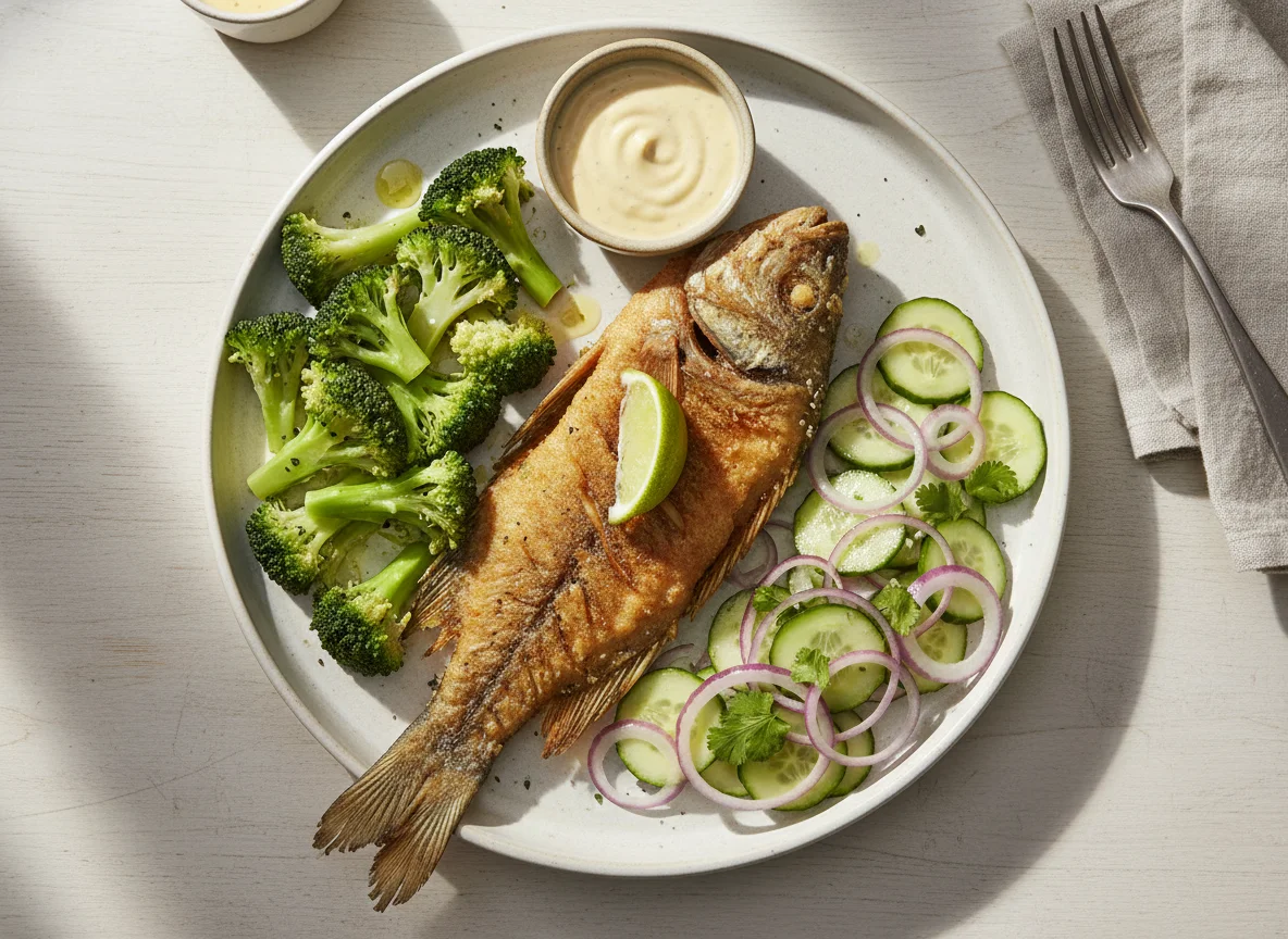 Pescado frito con brócoli y ensalada de pepino y cebolla photo