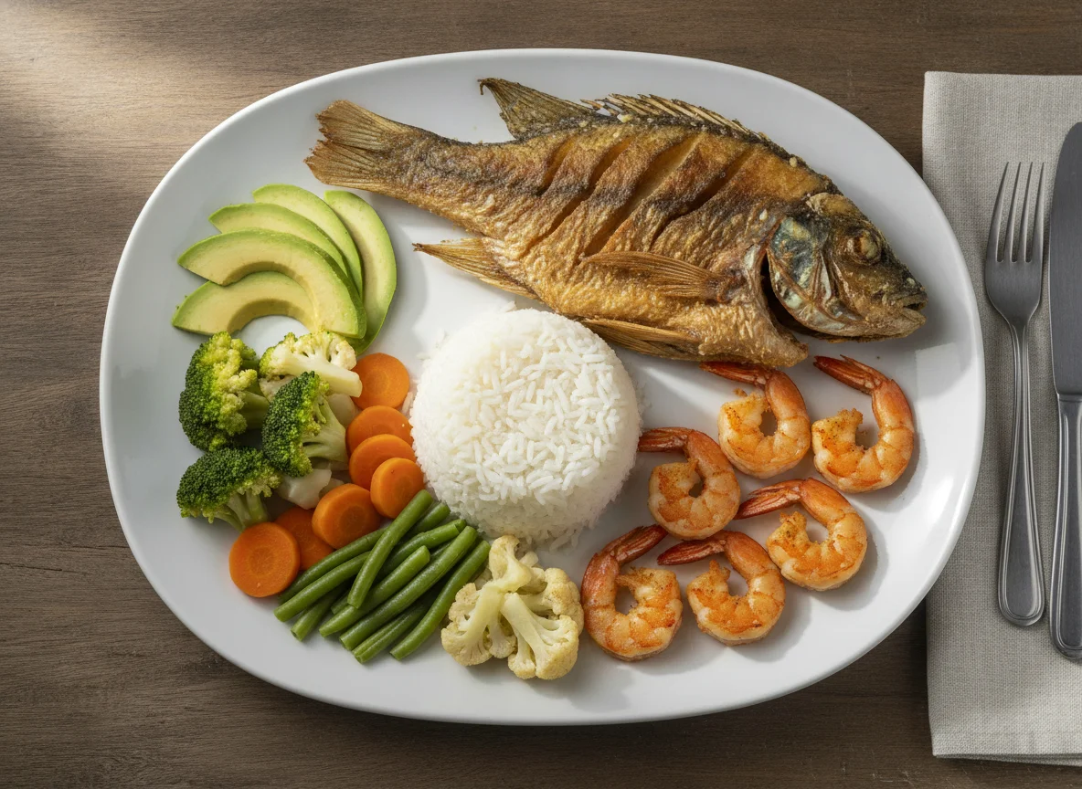 Pescado frito con camarones, arroz y vegetales photo