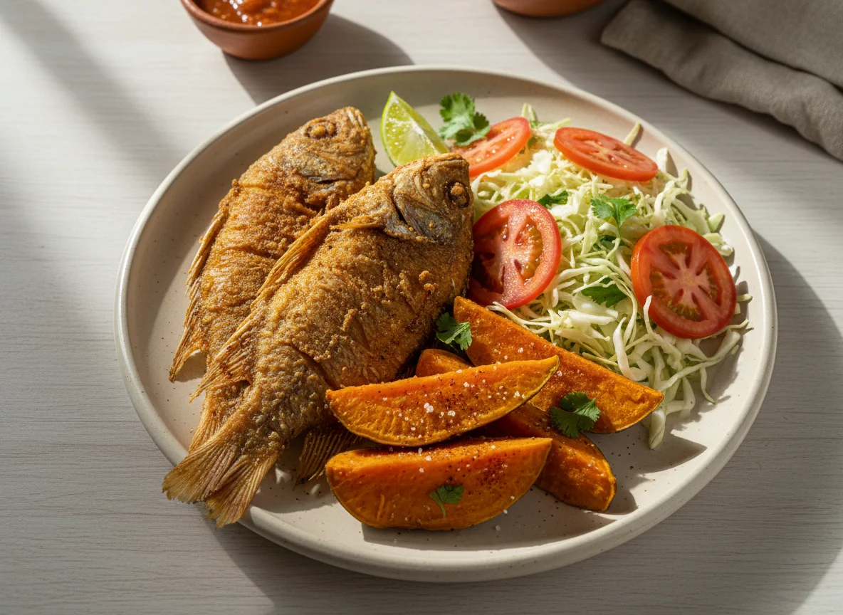 Pescado frito con camote y ensalada photo